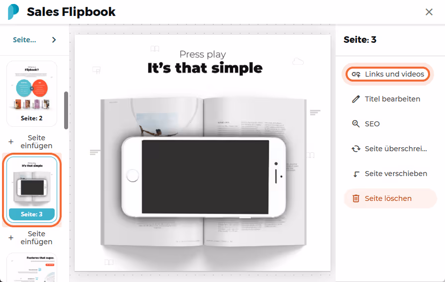 Seite 3 des Flipbooks ausgewählt, mit hervorgehobener Schaltfläche „Links und Videos“ im Seiteneinst Seite 3 des Flipbooks ausgewählt, mit hervorgehobener Schaltfläche „Links und Videos“ im Seiteneinst