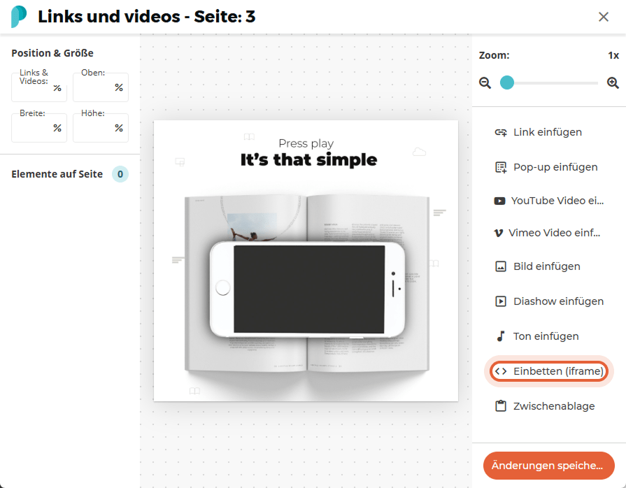„Einbetten (iframe)“-Option aus den Einfügeoptionen rechts beim Anzeigen der Seite ausgewählt.