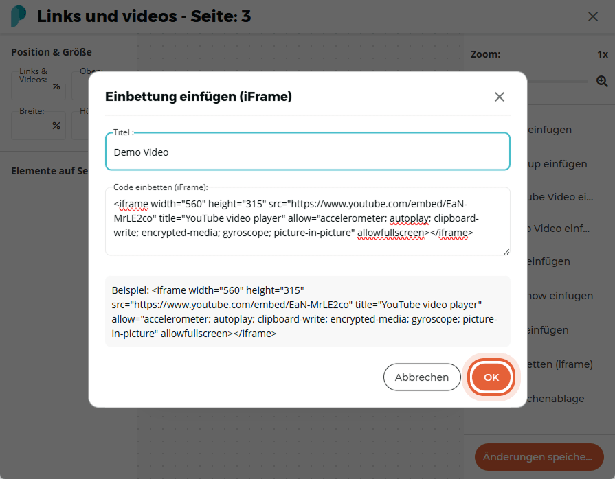 Ein Einbettungscode und ein Titel für ein YouTube-Video mit dem Titel „Demo Video“ werden in die Ein
