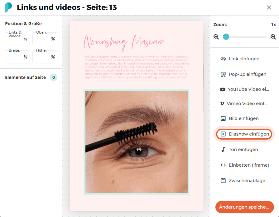 Die Option „Diashow einfügen“ wird im Bereich „Links und Videos“ ausgewählt, um eine Diashow einzube