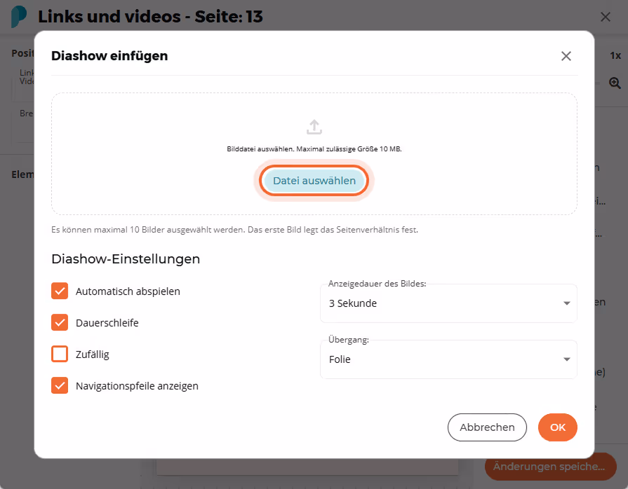 Eine Datei wird ausgewählt, um Bilder für die Diashow hochzuladen, und die Einstellungen werden unte Eine Datei wird ausgewählt, um Bilder für die Diashow hochzuladen, und die Einstellungen werden unte