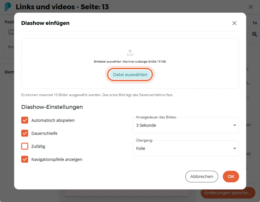 Eine Datei wird ausgewählt, um Bilder für die Diashow hochzuladen, und die Einstellungen werden unte