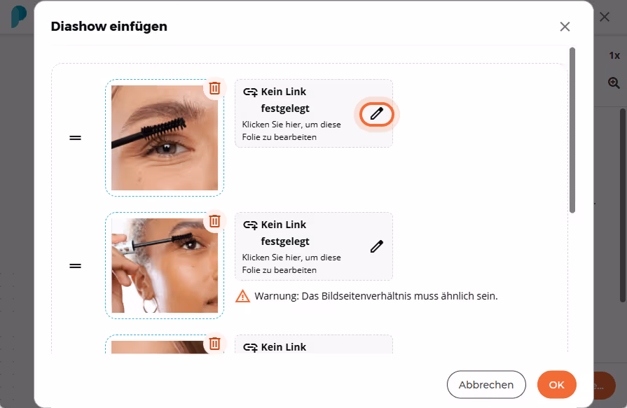 Eine Vorschau der Diashow mit mehreren Folien erscheint; ein Bearbeitungssymbol ist hervorgehoben, u Eine Vorschau der Diashow mit mehreren Folien erscheint; ein Bearbeitungssymbol ist hervorgehoben, u