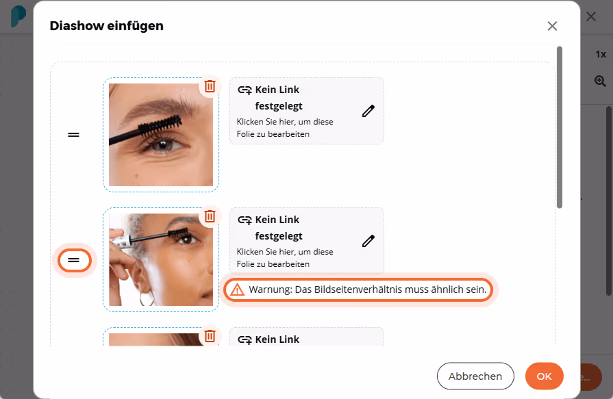 Eine Warnmeldung erscheint unter der zweiten Folie, dass das Seitenverhältnis der Bilder ähnlich sei Eine Warnmeldung erscheint unter der zweiten Folie, dass das Seitenverhältnis der Bilder ähnlich sei