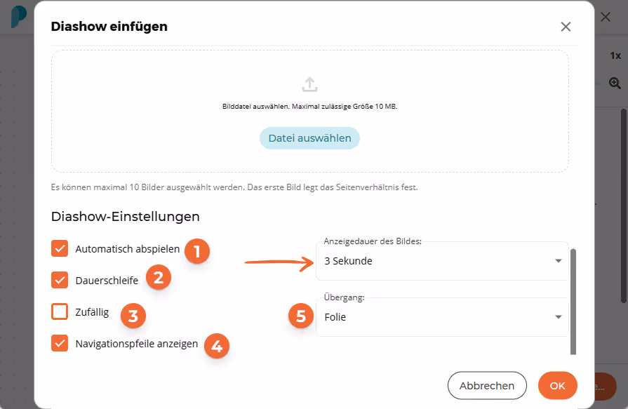 Diashoweinstellungen zeigen, dass Autoplay und Schleife aktiviert sind, mit einer Anzeigedauer von 3 Diashoweinstellungen zeigen, dass Autoplay und Schleife aktiviert sind, mit einer Anzeigedauer von 3