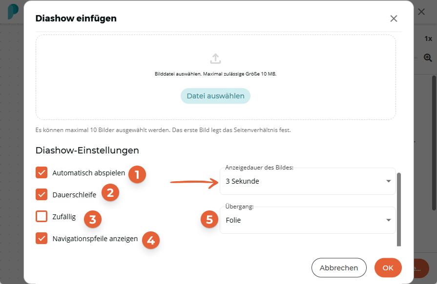 Diashoweinstellungen zeigen, dass Autoplay und Schleife aktiviert sind, mit einer Anzeigedauer von 3