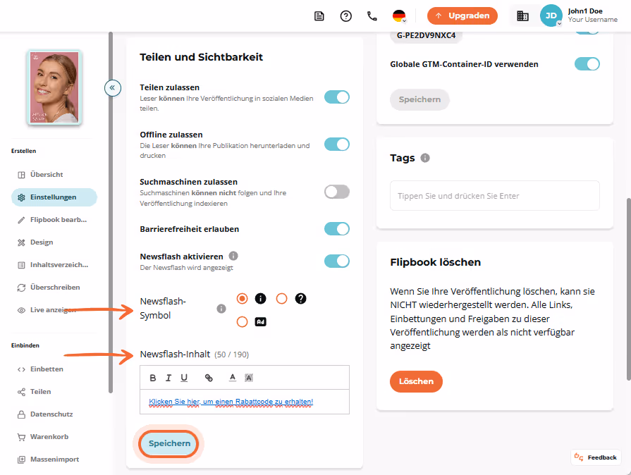 Der Benutzer wählt ein Newsflash-Symbol, gibt eine Rabattnachricht ein und klickt dann auf „Speicher Der Benutzer wählt ein Newsflash-Symbol, gibt eine Rabattnachricht ein und klickt dann auf „Speicher