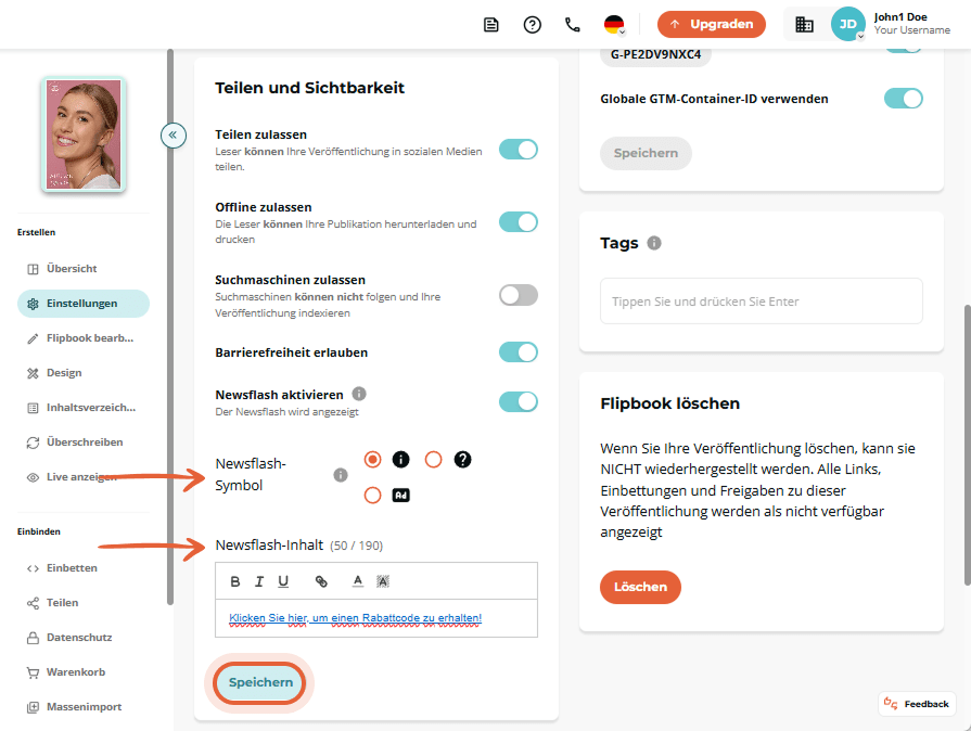 Der Benutzer wählt ein Newsflash-Symbol, gibt eine Rabattnachricht ein und klickt dann auf „Speicher