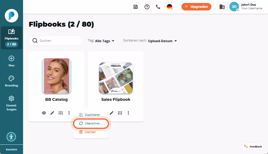 Flipbook-Überschreiboberfläche mit Drag-and-Drop-Uploadbereich und „PDF durchsuchen“-Schaltfläche. Flipbook-Überschreiboberfläche mit Drag-and-Drop-Uploadbereich und „PDF durchsuchen“-Schaltfläche.