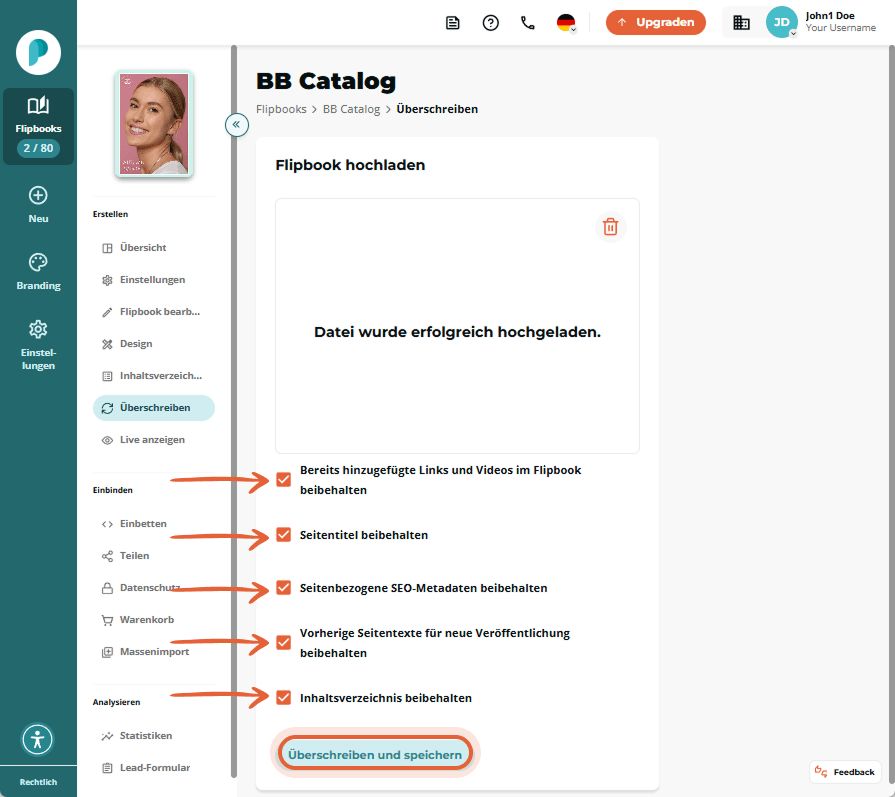 Hochgeladener Flipbook mit ausgewählten Überschreiboptionen: Links, Titel, SEO und Inhaltsverzeichni