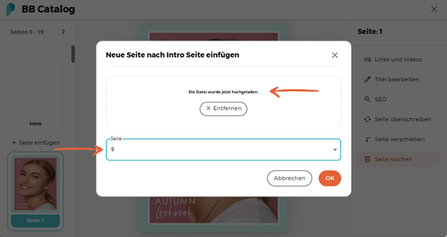 Bestätigungsbildschirm erscheint nach dem Hochladen einer neuen Seite, und der Benutzer legt den Ein