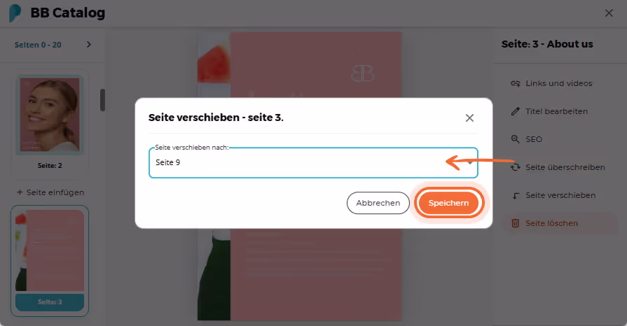 Benutzer legt die neue Seitenposition nach Seite 9 fest und speichert die Änderungen Benutzer legt die neue Seitenposition nach Seite 9 fest und speichert die Änderungen