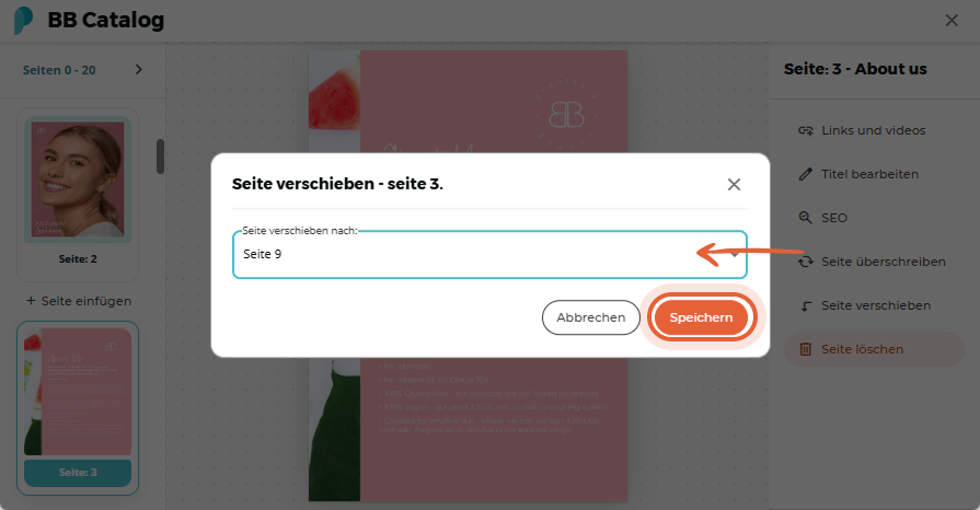 Benutzer legt die neue Seitenposition nach Seite 9 fest und speichert die Änderungen