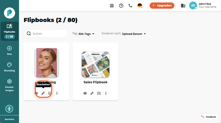 Benutzer klickt erneut auf das Symbol „Bearbeiten“ im BB-Katalog-Flipbook