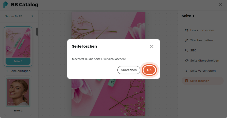 Benutzer bestätigt das Löschen von Seite 1 mit Produktbild