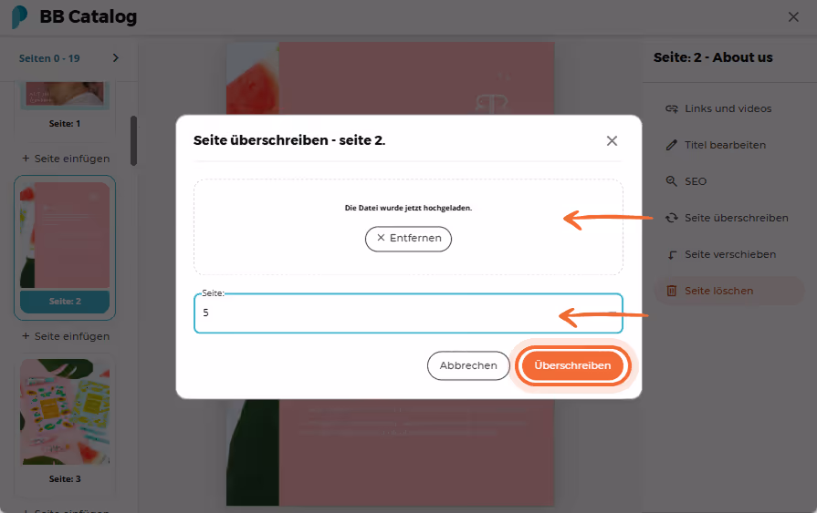 Seitennummer eingegeben und Bestätigungsschaltfläche zum Überschreiben hervorgehoben. Seitennummer eingegeben und Bestätigungsschaltfläche zum Überschreiben hervorgehoben.