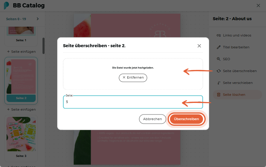 Seitennummer eingegeben und Bestätigungsschaltfläche zum Überschreiben hervorgehoben.