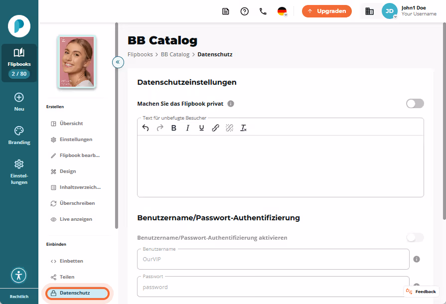 Datenschutzeinstellungen von BB Catalog, alle Optionen sind deaktiviert – inkl. Passwort- und IP-Aut