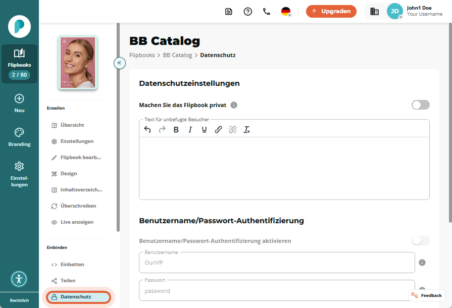 Datenschutzeinstellungen von BB Catalog, alle Optionen sind deaktiviert – inkl. Passwort- und IP-Aut