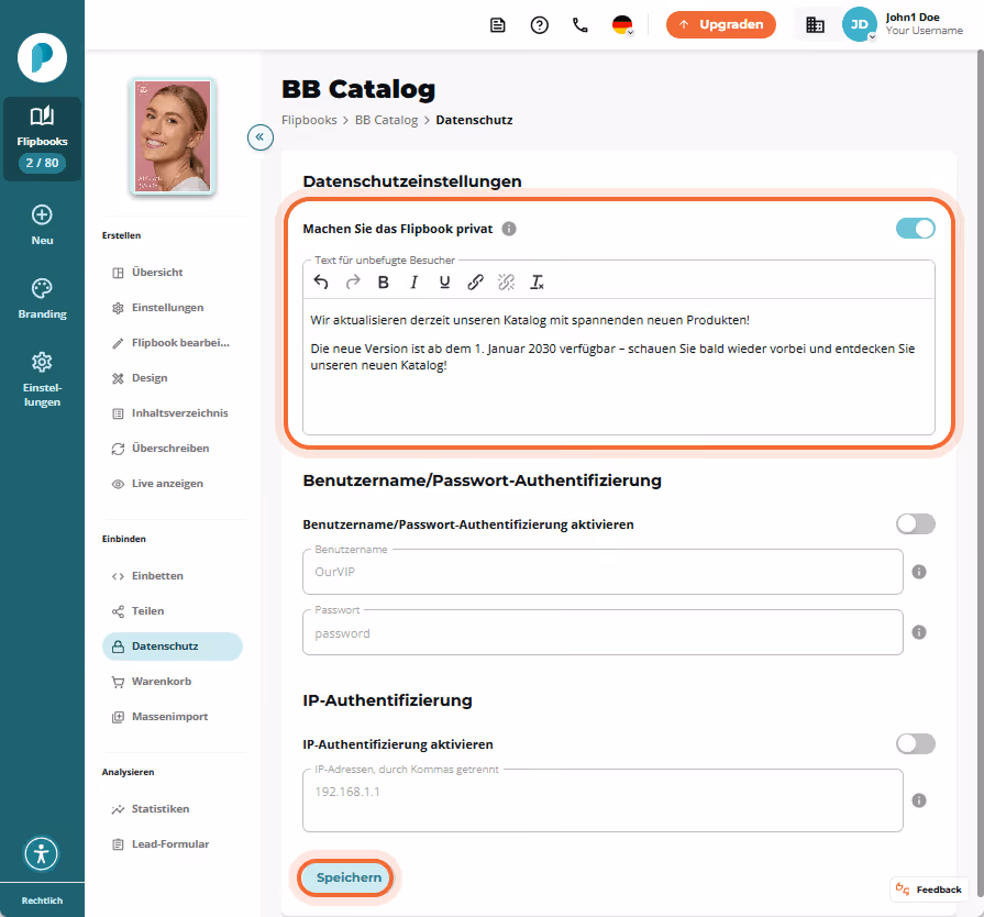 Aktivierte Datenschutzeinstellungen für BB Catalog mit einer benutzerdefinierten Nachricht und Datum