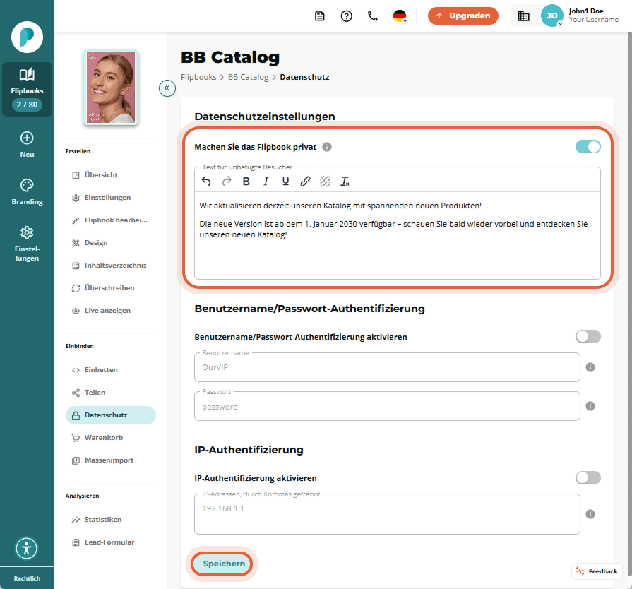 Aktivierte Datenschutzeinstellungen für BB Catalog mit einer benutzerdefinierten Nachricht und Datum