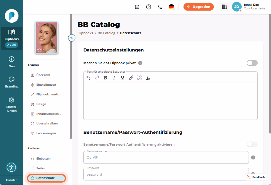 Seite mit leeren Datenschutzeinstellungen, keine Optionen aktiviert; „Datenschutz“ ist im Menü gewäh