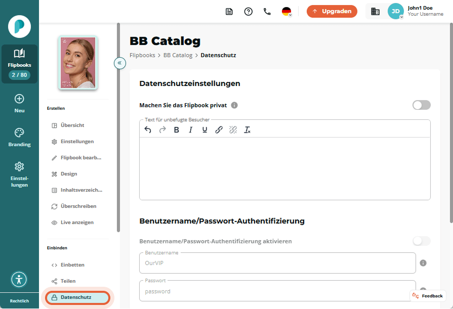 Seite mit leeren Datenschutzeinstellungen, keine Optionen aktiviert; „Datenschutz“ ist im Menü gewäh