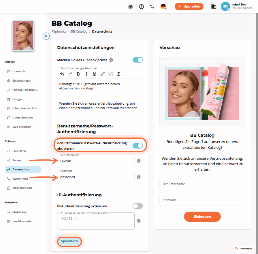 Seite mit aktivierter Datenschutz- und Passwort-Authentifizierung; rechts ist eine Vorschau der Meld