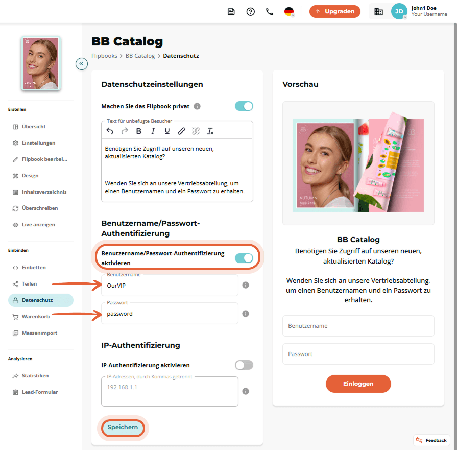 Seite mit aktivierter Datenschutz- und Passwort-Authentifizierung; rechts ist eine Vorschau der Meld