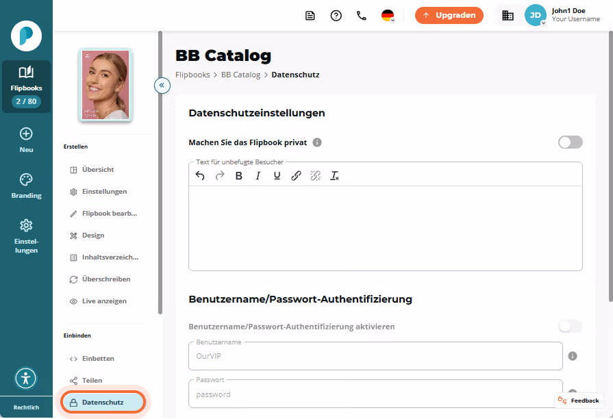 Datenschutzeinstellungen mit Optionen für Benutzername/Passwort und IP-Authentifizierung