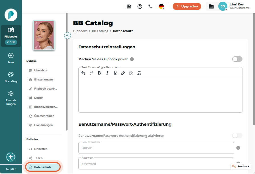 Datenschutzeinstellungen mit Optionen für Benutzername/Passwort und IP-Authentifizierung