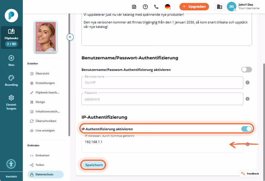 IP-Authentifizierung aktiviert mit eingegebener Beispiel-IP-Adresse und hervorgehobener Speichern-Sc