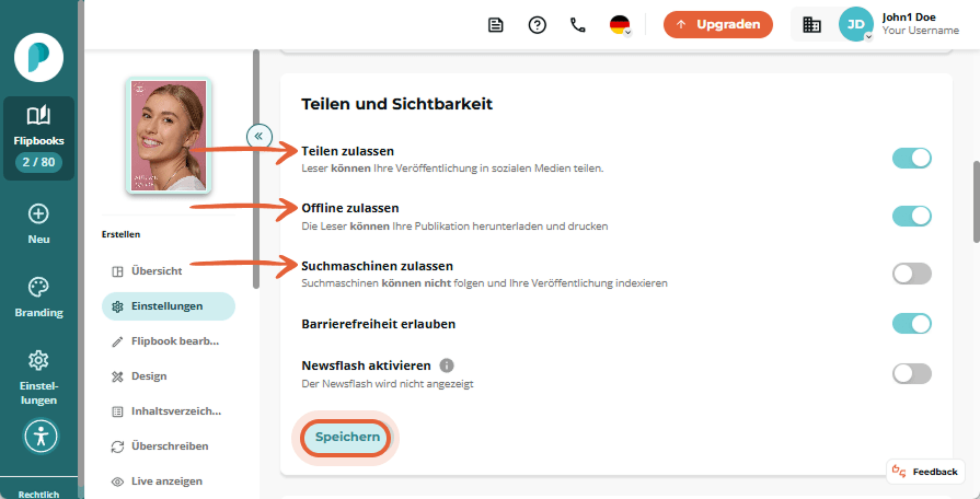 Freigabeeinstellungen mit aktivierten Schaltern für Teilen, Herunterladen/Drucken und Suchmaschineni