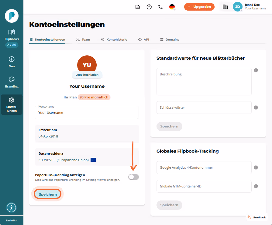 Auf der Seite mit den Kontoeinstellungen deaktiviert der Benutzer die Option „Paperturn-Branding anz Auf der Seite mit den Kontoeinstellungen deaktiviert der Benutzer die Option „Paperturn-Branding anz