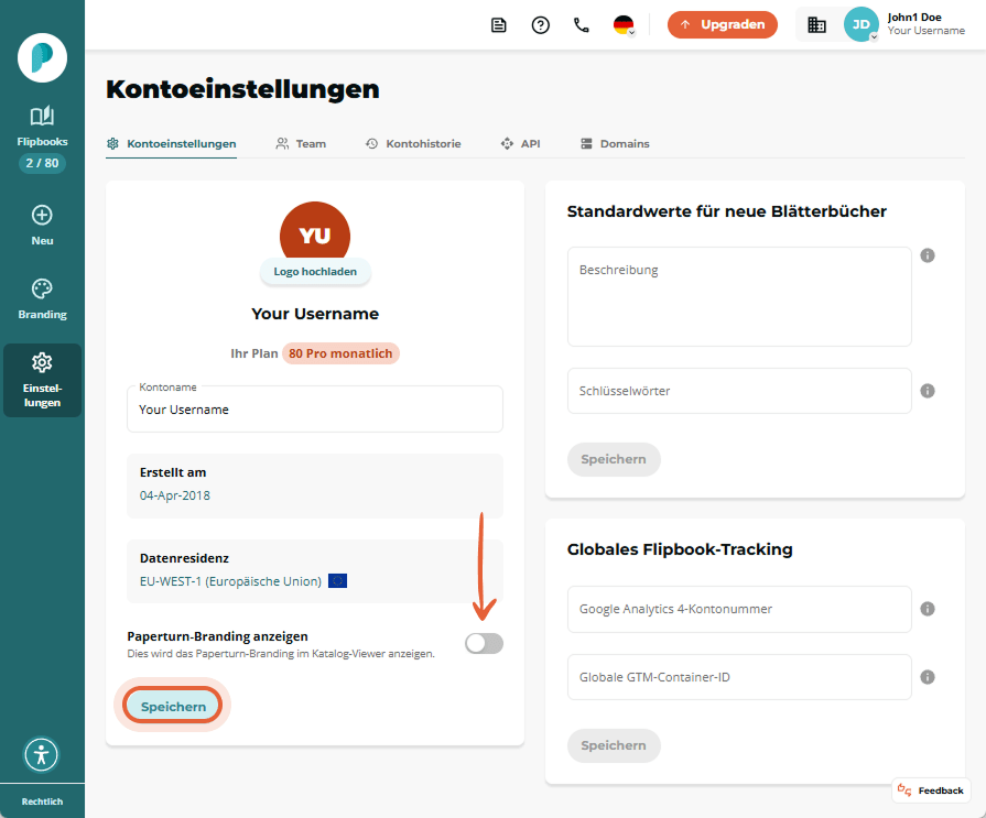 Auf der Seite mit den Kontoeinstellungen deaktiviert der Benutzer die Option „Paperturn-Branding anz