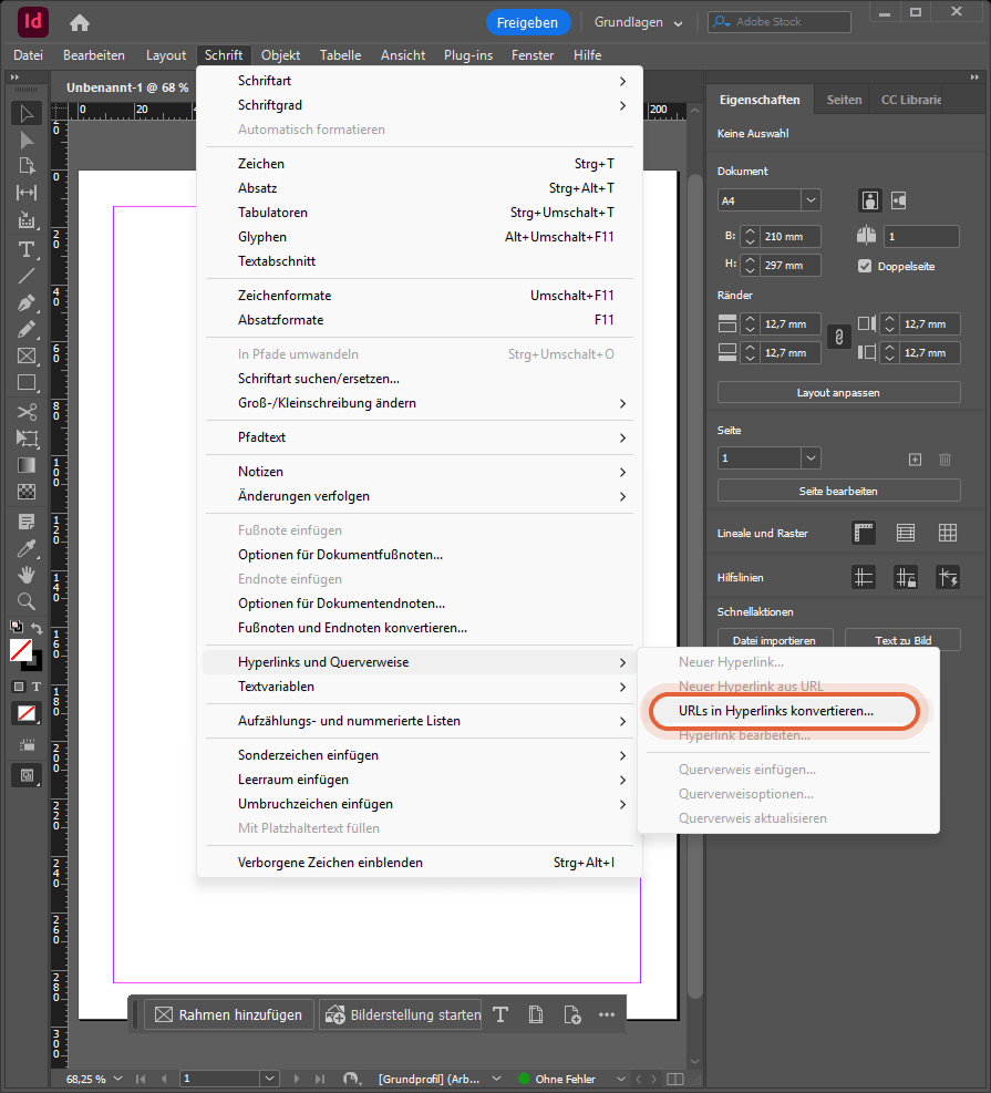 Das InDesign-Menü Schrift ist erweitert; im Untermenü Hyperlinks und Querverweise ist der Befehl URL
