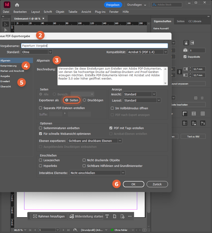 Im Dialog Neues PDF-Exportformat sind Felder markiert, die Option Seiten ist ausgewählt und die Scha