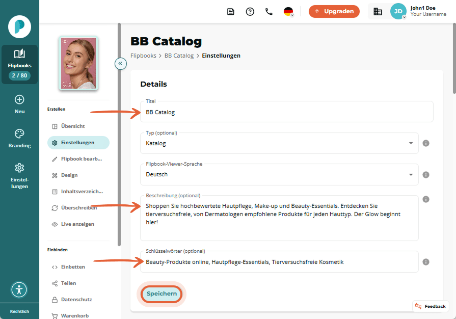 Einstellungsfenster mit dem Titel „BB Catalog“, einer Beschreibung über Hautpflegeprodukte und aufge