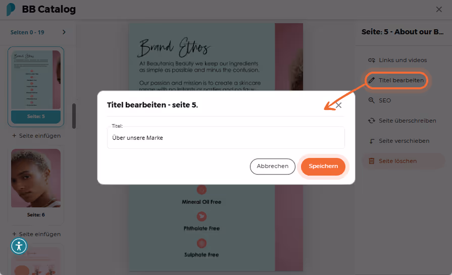 Seitenoptionen für SEO mit angezeigten Feldern für Beschreibung, Schlüsselwörter und Text.