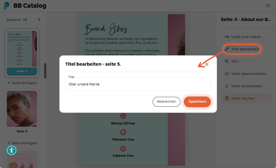 Seitenoptionen für SEO mit angezeigten Feldern für Beschreibung, Schlüsselwörter und Text.