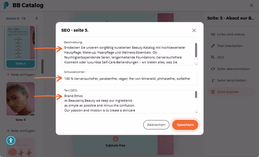 Vergrößertes SEO-Popup mit langer Beschreibung und Liste von Schlüsselwörtern für das Flipbook.