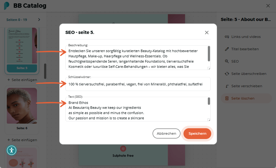 Vergrößertes SEO-Popup mit langer Beschreibung und Liste von Schlüsselwörtern für das Flipbook.