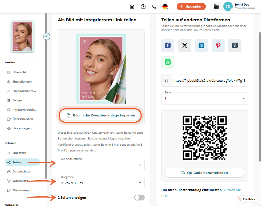 Schnittstelle zum Teilen von Bildern mit Schaltfläche 