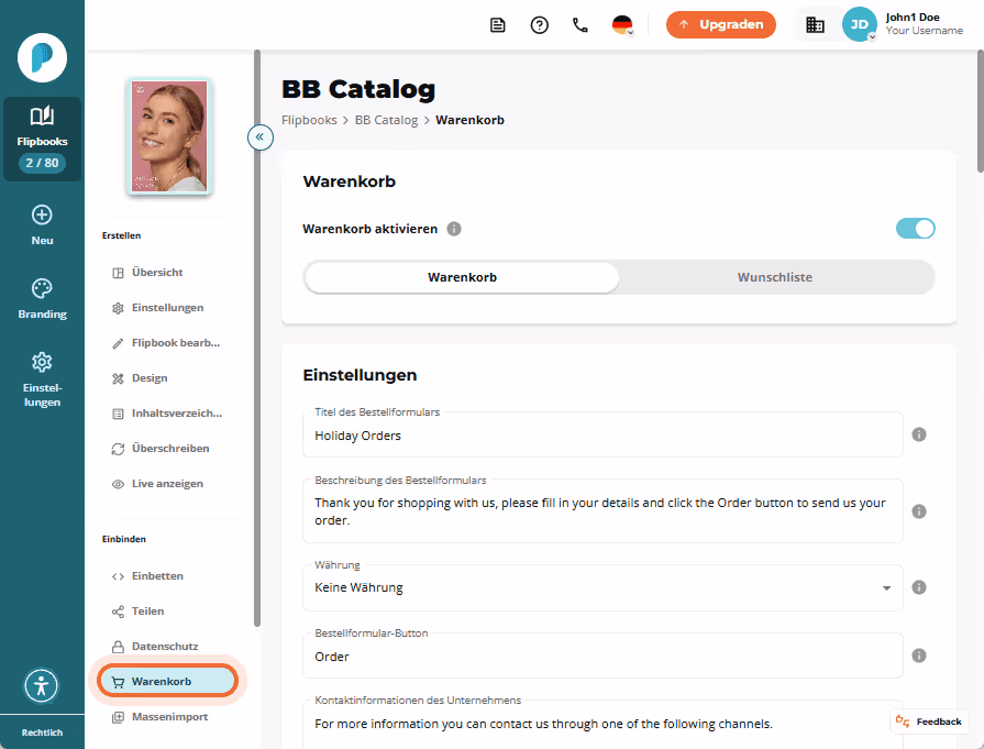 Einstellungsbildschirm für den Warenkorb mit Feldern wie Titel, Beschreibung und Kontaktinformatione Einstellungsbildschirm für den Warenkorb mit Feldern wie Titel, Beschreibung und Kontaktinformatione