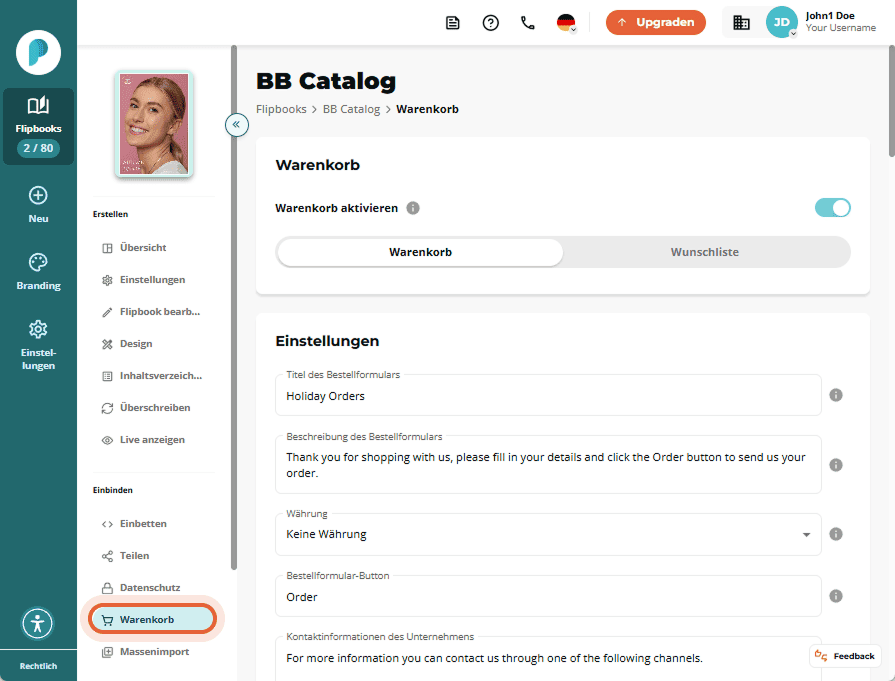 Einstellungsbildschirm für den Warenkorb mit Feldern wie Titel, Beschreibung und Kontaktinformatione