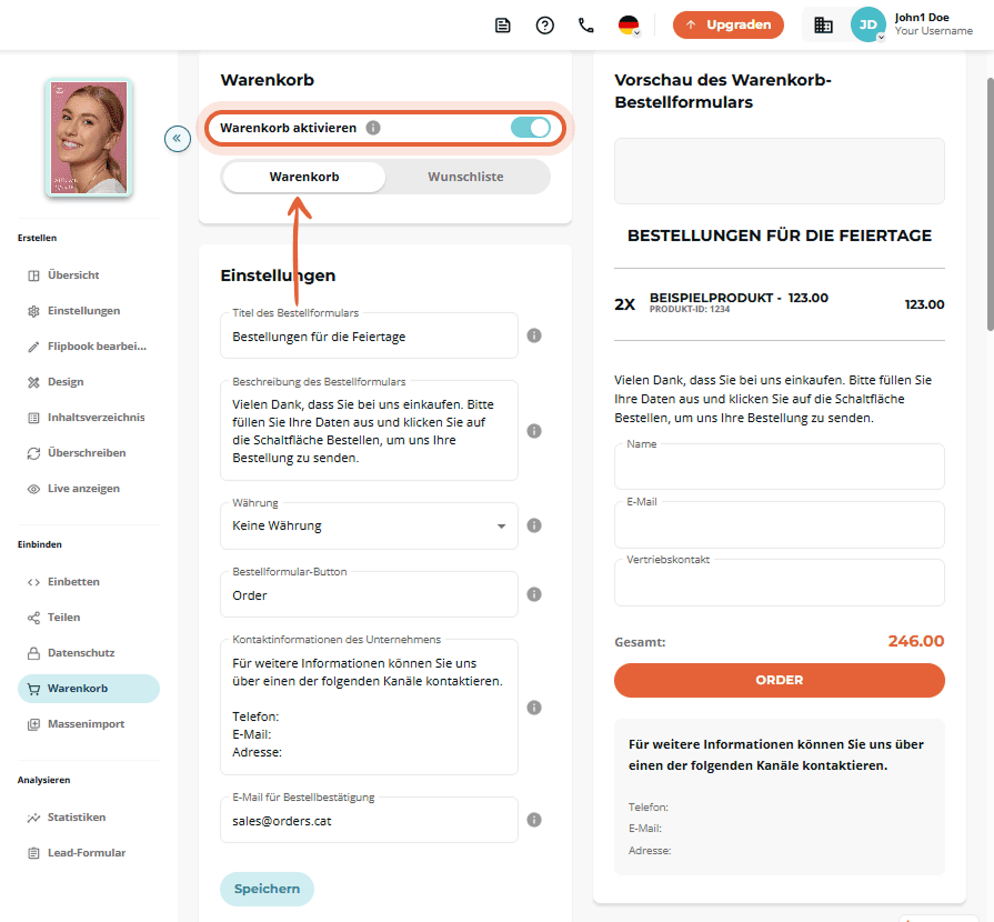Seite des Warenkorbs mit einer Bestellübersicht und einer Vorschau des Formulars.