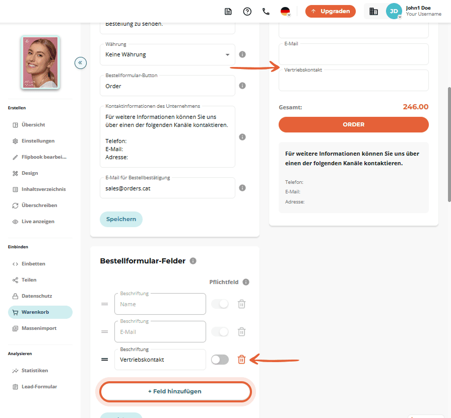 Bestellformular mit bearbeitbaren Feldern und hervorgehobener „Feld hinzufügen“-Sektion unten.