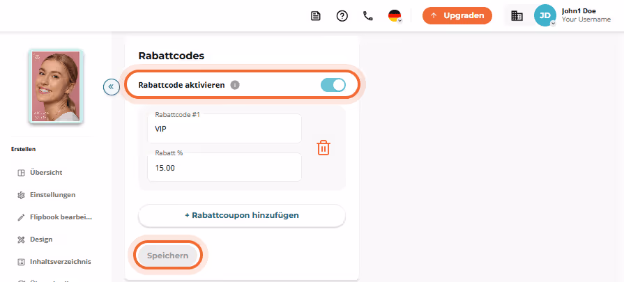 Rabattcode-Interface mit Schalter „Rabattcode aktivieren“ und einem Beispiel für einen VIP-Code. Rabattcode-Interface mit Schalter „Rabattcode aktivieren“ und einem Beispiel für einen VIP-Code.