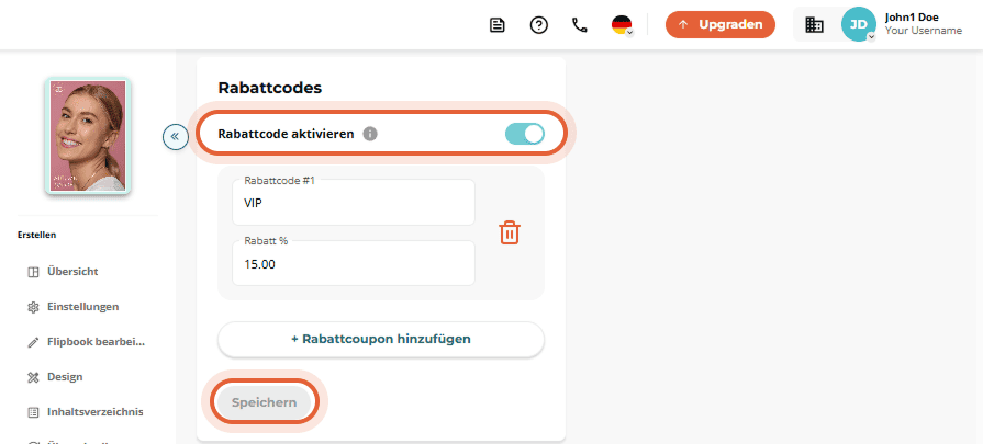 Rabattcode-Interface mit Schalter „Rabattcode aktivieren“ und einem Beispiel für einen VIP-Code.
