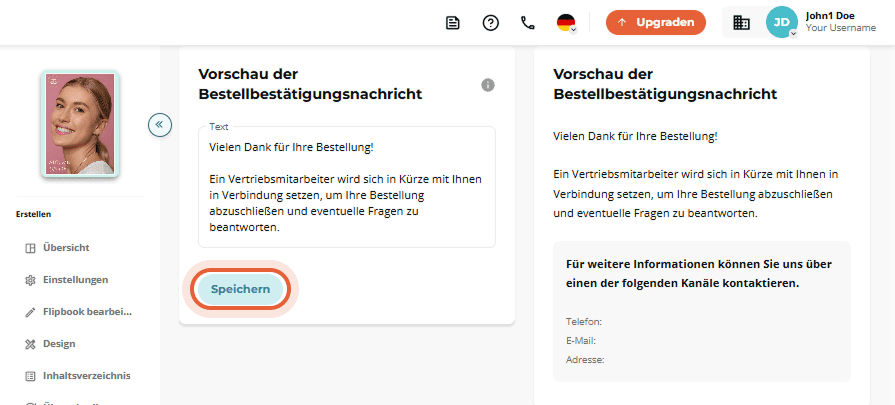 Feld für Bestellbestätigung und Vorschau mit Danksagungstext.